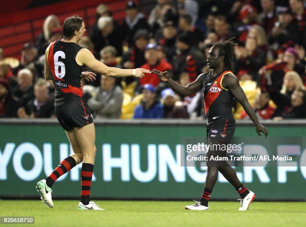 Anthony McDonald-Tipungwuti of the Bombers celebrates a goal with Joe Daniher during the 2017 AFL round 18 match between the Essendon Bombers and the...
