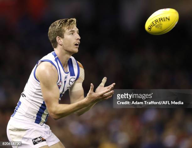 Sam Durdin of the Kangaroos marks the ball during the 2017 AFL round 18 match between the Essendon Bombers and the North Melbourne Kangaroos at...