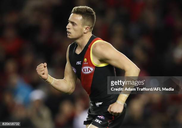 Orazio Fantasia of the Bombers celebrates a goal during the 2017 AFL round 18 match between the Essendon Bombers and the North Melbourne Kangaroos at...