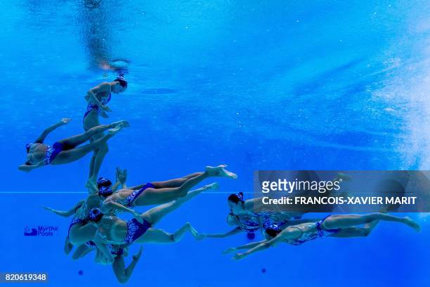 This picture taken with an underwater camera shows Team China competing in the Women's Free Combination Final during the synchronised swimming...