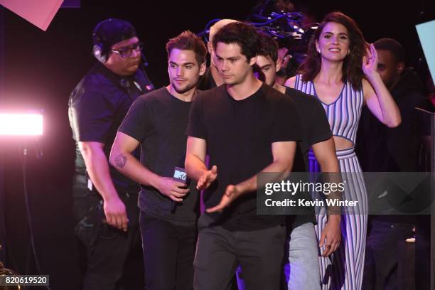 Actors Dylan Sprayberry, Dylan O'Brien and Shelley Hennig appear onstage during MTV Fandom Fest at PETCO Park on July 21, 2017 in San Diego,...