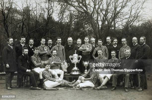 Aston Villa players and officials pose for an historic team photograph after winning the English FA Cup for the first time, in 1887. They had beaten...