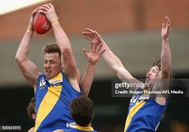 Nicholas Meese of Williamstown marks during the round 14 VFL match between Port Melbourne and Williamstown at North Port Oval on July 22, 2017 in...