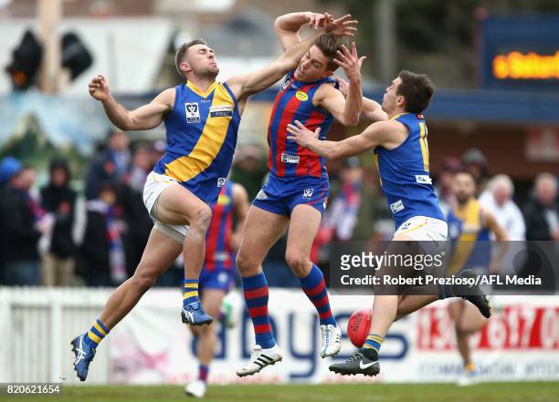 Jack Dorgan of Williamstown conests the ball during the round 14 VFL match between Port Melbourne and Williamstown at North Port Oval on July 22,...