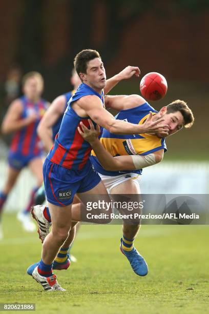 Thomas Gordon of Port Melbourne contests the ball during the round 14 VFL match between Port Melbourne and Williamstown at North Port Oval on July...
