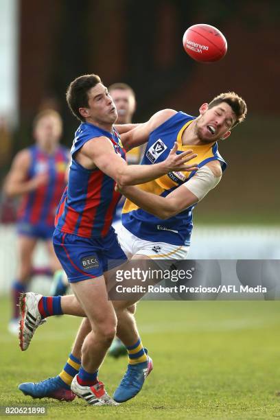 Thomas Gordon of Port Melbourne contests the ball during the round 14 VFL match between Port Melbourne and Williamstown at North Port Oval on July...