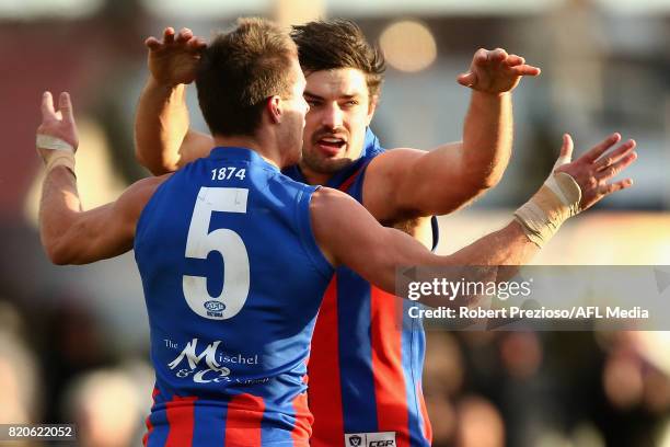 Dylan Conway of Port Melbourne celebrates a team-mates goal during the round 14 VFL match between Port Melbourne and Williamstown at North Port Oval...