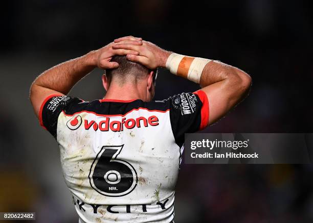 Kieran Foran of the Warriors looks dejected during the round 20 NRL match between the North Queensland Cowboys and the New Zealand Warriors at...