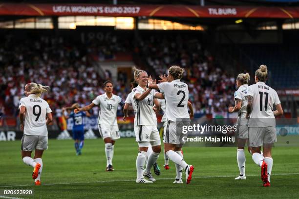 Josephine Henning of Germany celebrates with the team after scoring her sides first goal during the UEFA Women's Euro 2017 at Koning Willem II...