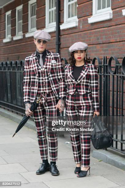 Model Jimmy Q wears all Joshua Kane with Linda Farrow sunglasses with Fashion stylist Jet Luna wearing all Joshua Kane on day 3 of London...