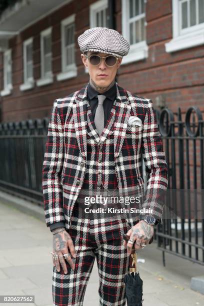 Model Jimmy Q wears all Joshua Kane with Linda Farrow sunglasses on day 3 of London Collections: Men on June 12, 2017 in Paris, France.