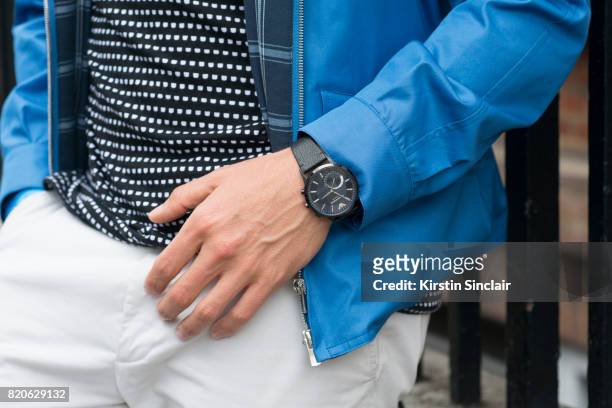Presenter Darren Kennedy wears a Grenfeld jacket, Soul Land t shirt, Reiss trousers an Emporio Armani watch on day 3 of London Collections: Men on...