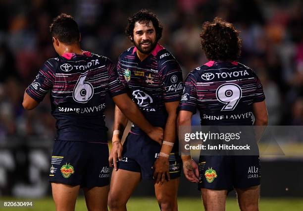 Javid Bowen of the Cowboys celebrates after scoring a try during the round 20 NRL match between the North Queensland Cowboys and the New Zealand...