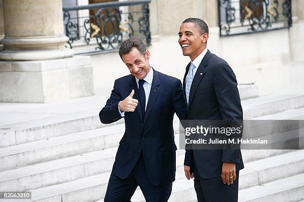 French president Nicolas Sarkozy welcomes Presumptive U.S. Democratic presidential candidate Sen. Barack Obama at Elysee Palace on July 25, 2008 in...