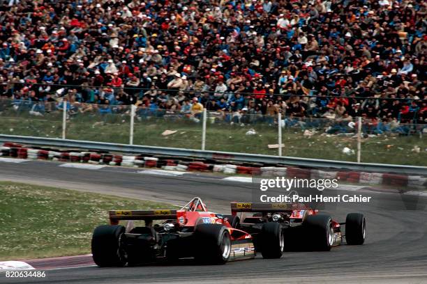 Didier Pironi, Gilles Villeneuve, Ferrari 126C2, Grand Prix of San Marino, Imola, 25 April 1982. Fierce battle between Didier Pironi and Gilles...