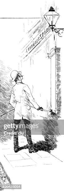 man standing at the shop window, rear view, looking up - behind window stock illustrations