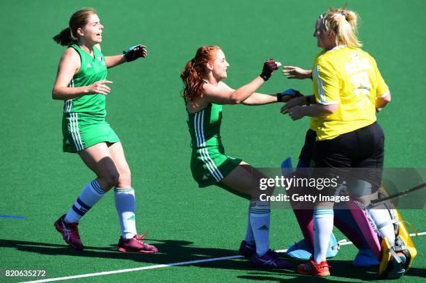 Anna O'Flanagan and Ayeisha McFerran of Ireland celebrate during day 8 of the FIH Hockey World League Women's Semi Finals 7th-8th place match between...