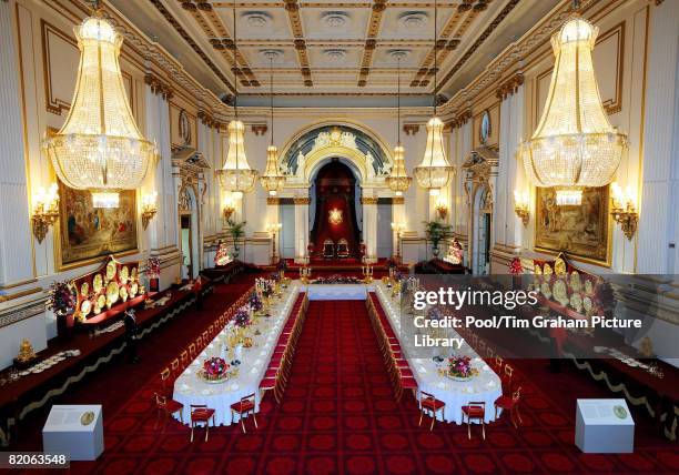 General view of the Summer Opening exhibition at Buckingham Palace, London. The Ballroom has been arranged so that visitors can experience a State...