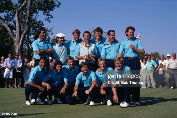 The European team celebrate with the trophy after winning the Ryder Cup tournament held at Muirfield Village, Ohio, USA on the 27th September 1987....