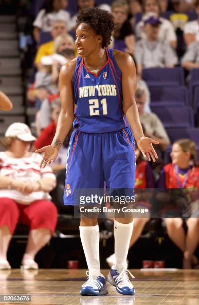 Loree Moore of the New York Liberty reacts to a call during the WNBA game against the Phoenix Mercury on July 5, 2008 at US Airways Center in...