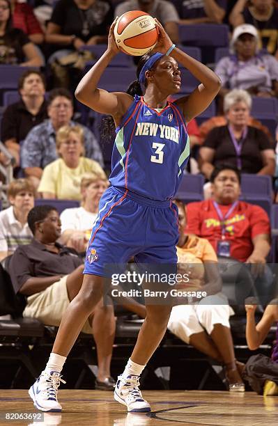 Tiffany Jackson of the New York Liberty looks to pass during the WNBA game against the Phoenix Mercury during the WNBA game on July 5, 2008 at US...