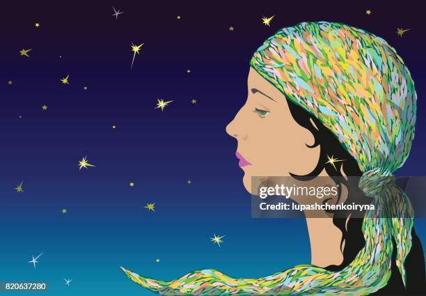 ilustrações de stock, clip art, desenhos animados e ícones de profile of a young romantic girl in a motley kerchief - céu romântico