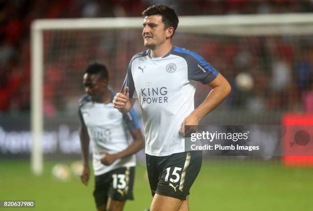 Harry Maguire of Leicester City warms up at Hong Kong Stadium ahead of the Premier League Asia Trophy Final between Liverpool FC and Leicester City...