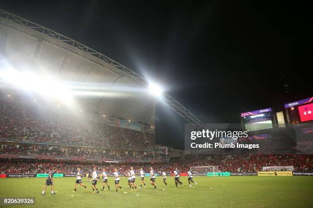 Leicester City warm up Hong Kong Stadium ahead of the Premier League Asia Trophy Final between Liverpool FC and Leicester City on July 22nd , 2017 in...