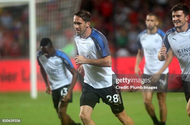 Christian Fuchs of Leicester City warms up at Hong Kong Stadium ahead of the Premier League Asia Trophy Final between Liverpool FC and Leicester City...