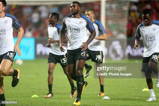 Wes Morgan of Leicester City warms up at Hong Kong Stadium ahead of the Premier League Asia Trophy Final between Liverpool FC and Leicester City on...