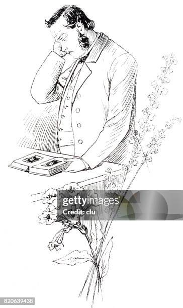 portrait of a man sitting at table, reading in a book, side view, on white - garden table stock illustrations