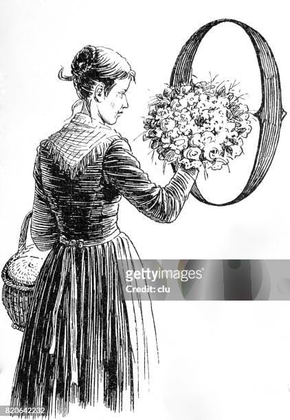 woman presenting flower bouquet , side view, white background - letter o stock illustrations
