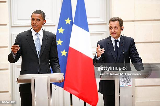 French president Nicolas Sarkozy and presumptive U.S. Democratic presidential candidate Sen. Barack Obama speak at a joint press conference at Elysee...