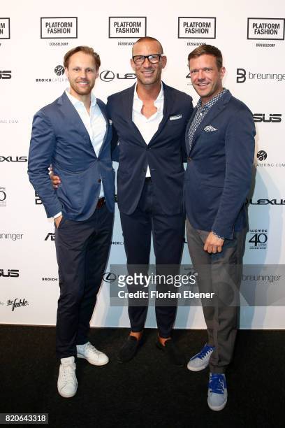 Thomas Hoehn, Andreas Rebbelmund and Christian Witt attend the Breuninger show during Platform Fashion July 2017 at Areal Boehler on July 21, 2017 in...