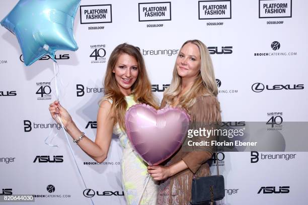 Mara Bergmann and Tiana Pongs attend the Breuninger after party during Platform Fashion July 2017 at Areal Boehler on July 21, 2017 in Duesseldorf,...