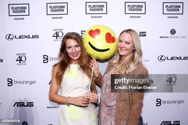 Mara Bergmann and Tiana Pongs attend the Breuninger after party during Platform Fashion July 2017 at Areal Boehler on July 21, 2017 in Duesseldorf,...