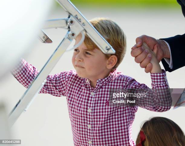 Prince George of Cambridge departs from Hamburg airport on the last day of their official visit to Poland and Germany on July 21, 2017 in Hamburg,...