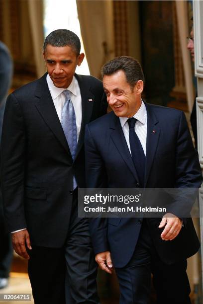 French president Nicolas Sarkozy and Presumptive U.S. Democratic presidential candidate Sen. Barack Obama depart Elysee Palace on July 25, 2008 in...