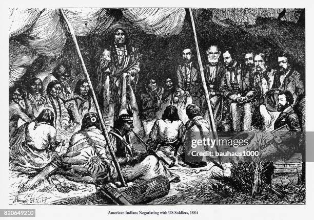 negotiating with us soldiers, american indians engraving, 1884 - treaty stock illustrations
