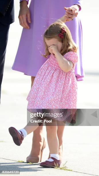 Princess Charlotte of Cambridge depart from Hamburg airport on the last day of their official visit to Poland and Germany on July 21, 2017 in...