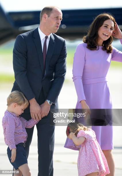 Prince George of Cambridge, Prince William, Duke of Cambridge, Catherine, Duchess of Cambridge and Princess Charlotte of Cambridge depart from...