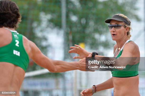 S Nicole Branagh and Kerri Walsh Jennings celebrate their winning point during FIVB Grand Tour - Olsztyn: Day 4 on July 22, 2017 in Olsztyn, Poland.