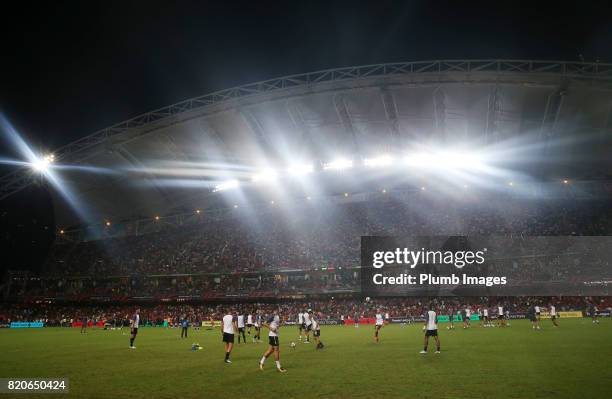 Leicester City players warm up at Hong Kong Stadium ahead of the Premier League Asia Trophy Final between Liverpool FC and Leicester City on July...