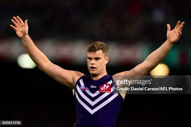 Sean Darcy of the Dockers stands the mark during the 2017 AFL round 18 match between the Fremantle Dockers and the Hawthorn Hawks at Domain Stadium...
