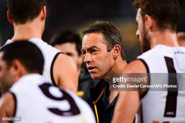 Alastair Clarkson, coach of the Hawks addresses the team at three quarter time during the 2017 AFL round 18 match between the Fremantle Dockers and...