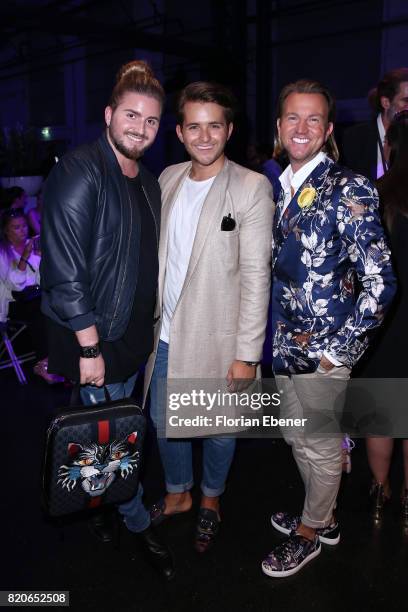 Justus Toussis, Luca Bazzanella and Sandro Rath attend the Breuninger show during Platform Fashion July 2017 at Areal Boehler on July 21, 2017 in...