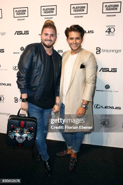 Justus Toussis and Luca Bazzanella attend the Breuninger show during Platform Fashion July 2017 at Areal Boehler on July 21, 2017 in Duesseldorf,...