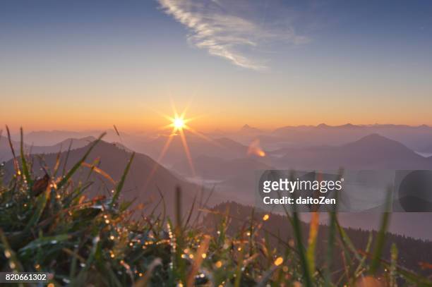 low angle view of rising sun over austrian alps and bavarian alps, seen from mt. jochberg, bavaria, germany - mt dew stock pictures, royalty-free photos & images