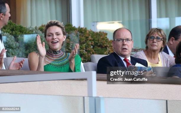 Prince Albert II of Monaco and Princess Charlene of Monaco cheer for Wayde van Niekerk of South Africa during his 400m at the IAAF Diamond League...