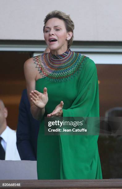 Princess Charlene of Monaco cheers for countryman Wayde van Niekerk of South Africa during his 400m at the IAAF Diamond League Meeting Herculis 2017...